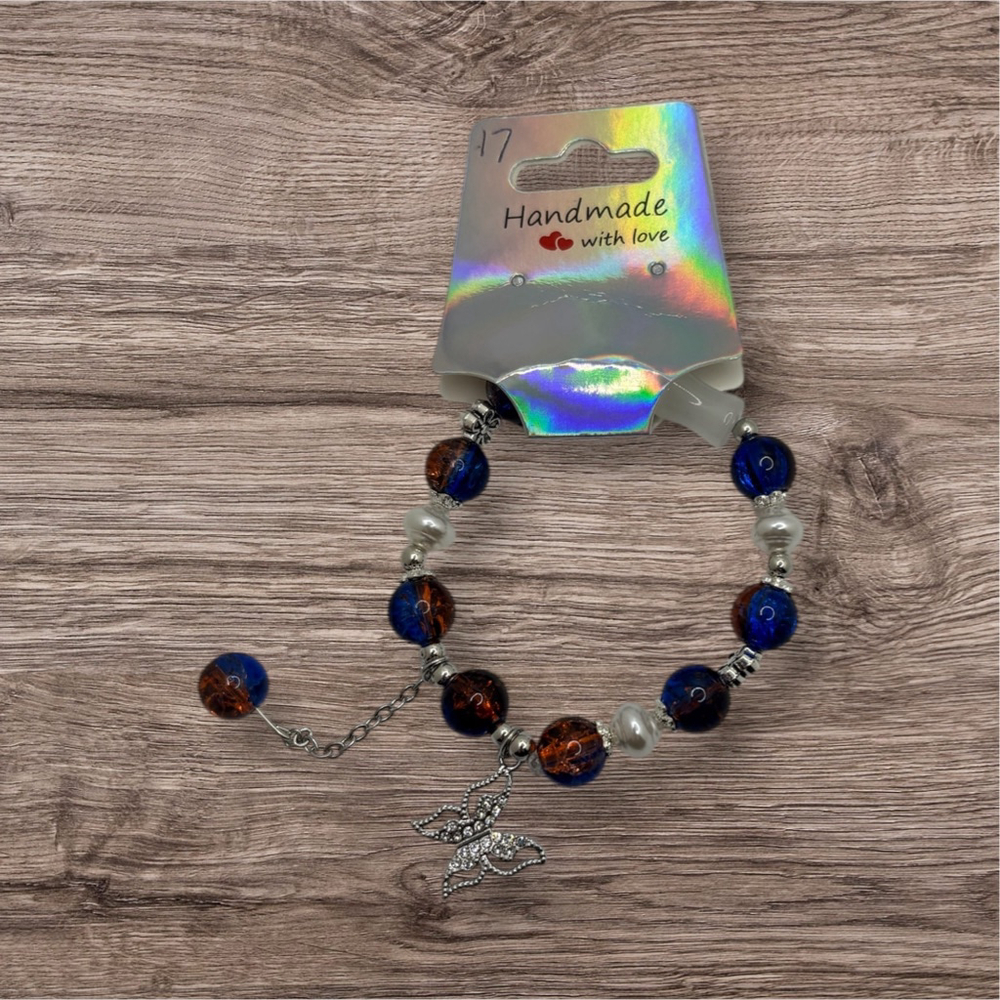 Blue Red Beaded Butterfly Charm Bracelet NWOT